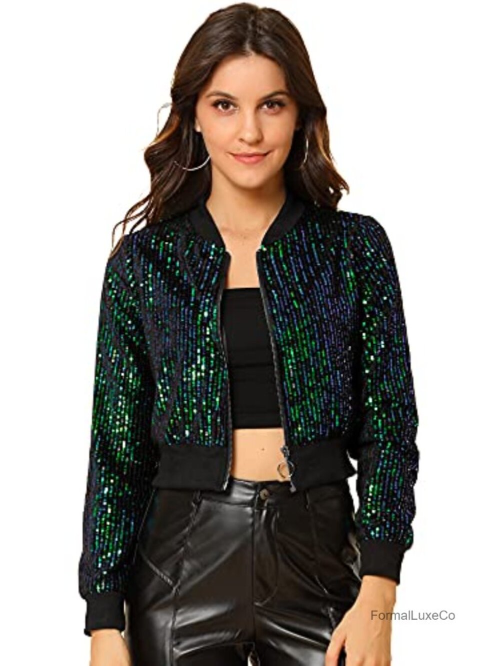 Sequin Bomber Jacket Womens Cropped Long Sleeve Zip Up Party Rave Clubwear